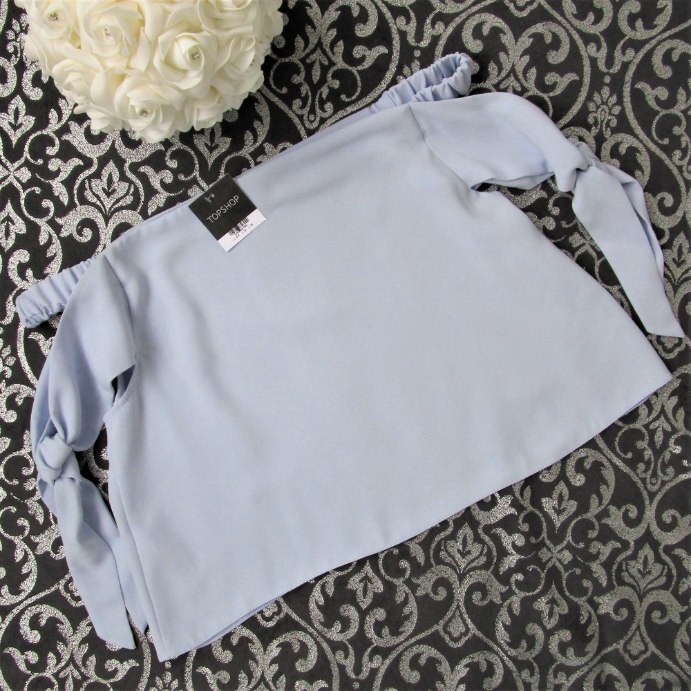 ❤️‍🔥 NWT Topshop Blue Off Shoulder Tie Sleeve Blouse 6 - Picture 5 of 6